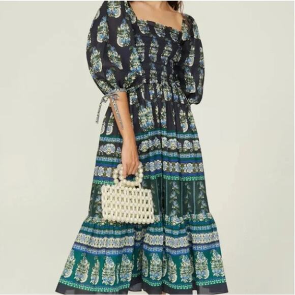 Cara Cara Jazzy Blue Green Print Puff Sleeve Smocked Cotton Midi Dress Sz S - Picture 2 of 13